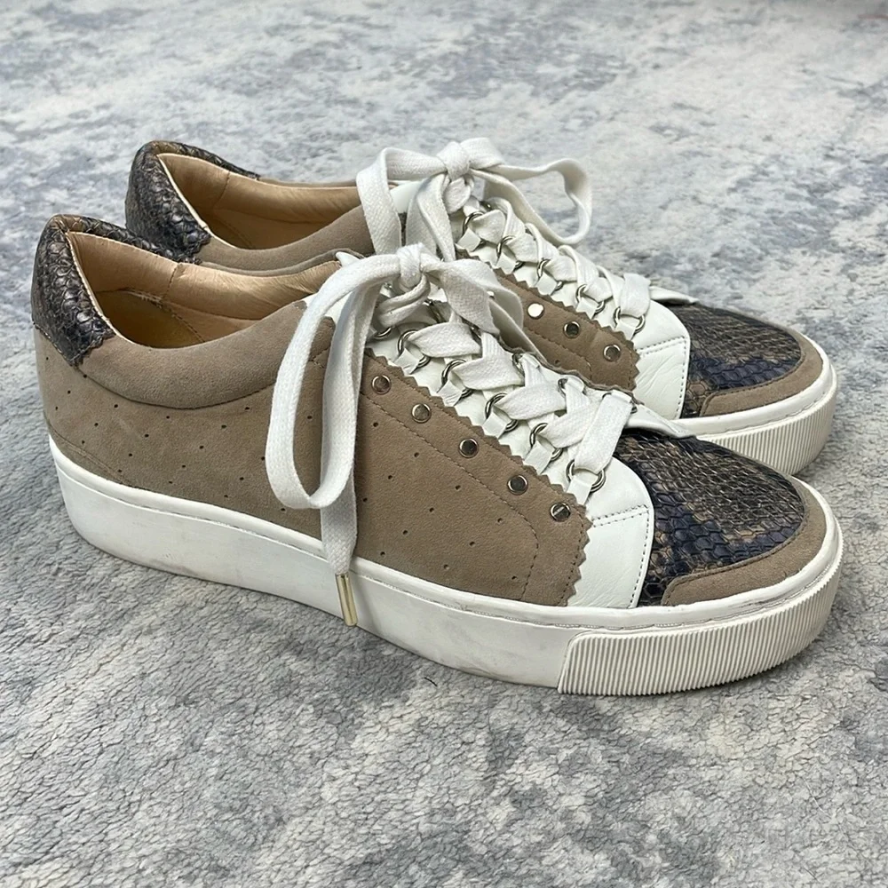 Joie Handan Camel Tan Suede Snakeskin Toe Platform Sneaker Sz 39